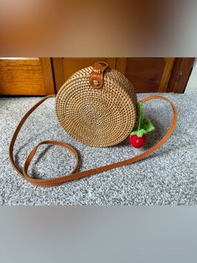 Wicker round purse Crochet Strawberry and daisy bag charm